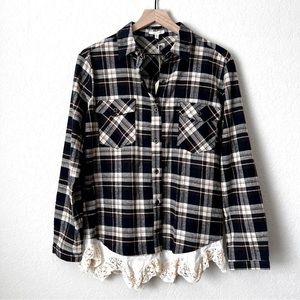JODIFL Plaid Flannel & Lace Shirt Top Button Western Navy Cream Brown S …
